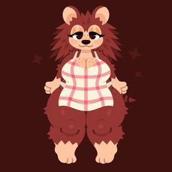  1:1 animal_crossing anthro apron apron_only belly big_breasts biped breasts brown_background brown_body brown_fur brown_hair cleavage clothed clothing eulipotyphlan female freckled_breasts freckles full-length_portrait fur gloves_(marking) hair hedgehog hi_res huge_thighs leg_markings lidded_eyes mammal markings naycelium nintendo pattern_apron pattern_clothing pear-shaped_figure portrait sable_able simple_background slightly_chubby smile socks_(marking) solo sparkles spiky_hair standing striped_markings striped_tail stripes tail tail_markings tan_body thick_thighs wide_hips 