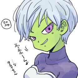  armor arms_at_sides bodysuit breasts cheelai cleavage close-up collarbone colored_skin commentary_request dragon_ball dragon_ball_super dragon_ball_super_broly eyelashes female green_skin grey_hair grin head_tilt highres looking_at_viewer medium_breasts motion_lines purple_bodysuit purple_eyes short_hair simple_background smile solo tkgsize tsurime upper_body very_short_hair white_background 