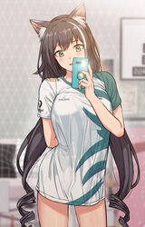  absurdres animal_ear_fluff animal_ears bad_id bad_pixiv_id black_hair blurry blurry_background breasts cat_ears cat_girl cellphone commentary cowboy_shot damwon_gaming depth_of_field esports_apparel female green_eyes highres holding holding_phone karyl_(princess_connect!) korean_commentary large_breasts long_hair looking_down meme multicolored_hair no_pants noah_(pixiv) pajamas_challenge_(meme) phone princess_connect! selfie shirt solo streaked_hair t-shirt twintails very_long_hair 