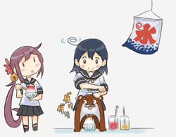  2girls ahoge akebono_(kancolle) banner bell black_hair black_sailor_collar black_skirt bokukawauso commentary_request dress flower food hair_bell hair_flower hair_ornament ice_shaver jingle_bell kantai_collection kooribata long_hair multiple_girls pleated_dress purple_hair saiguchi_otoufu sailor_collar school_uniform serafuku shaved_ice side_ponytail skirt smile ushio_(kancolle) very_long_hair 