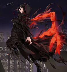  black_cloak black_eyes black_hair building city_lights cloak commentary_request fate/strange_fake fate_(series) female fingernails glowing glowing_arm highres hood hood_up hooded_cloak jumping long_sleeves looking_at_viewer moon night no_name_assassin_(fate) nw_0925 outdoors sky solo zabaniya_(fate) 