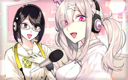  2girls asymmetrical_bangs black_hair bob_cut bow bowtie buttons collar collarbone commentary_request creator_connection glasses hair_ornament hairclip headphones kotobuki_(medetai) long_hair long_sleeves looking_at_viewer microphone mole mole_under_eye multicolored_bow multiple_girls nijisanji open_mouth pink_eyes seto_miyako seto_miyako_(1st_costume) short_hair straight_hair striped_bow striped_bowtie striped_clothes sukoya_kana sukoya_kana_(1st_costume) tongue tongue_out twintails upper_body virtual_youtuber white_hair 