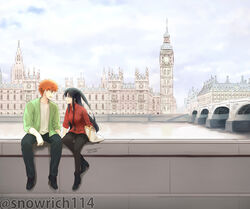  1boy black_hair black_pantyhose blue_eyes bridge elizabeth_tower emiya_shirou face-to-face fate/stay_night fate/unlimited_blade_works fate_(series) female highres iida_toyoyuki london long_hair long_legs long_sleeves pantyhose red_hair short_hair smile thighs tohsaka_rin yellow_eyes 