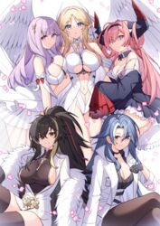  5girls :o antenna_hair ass azur_lane bare_shoulders black_collar black_dress black_gloves black_hair black_hairband black_shirt blonde_hair blue_eyes blunt_bangs bodystocking breast_press breasts brest_(azur_lane) center_opening chkalov_(azur_lane) cleavage cleavage_cutout closed_mouth clothing_cutout coat coat_dress collar collarbone commentary cross crossed_bangs crossed_legs detached_collar dress earrings feathered_wings frilled_dress frilled_sleeves frills fur_trim gloves grey_hair groin hair_between_eyes hair_on_horn hair_ornament hair_over_one_eye hair_ribbon hairband hairclip half_gloves hand_up harbin_(azur_lane) high-waist_skirt highres horns iron_cross jewelry lab_coat large_breasts leotard long_hair long_sleeves looking_at_viewer medium_breasts mole mole_under_eye multicolored_hair multiple_girls navel off_shoulder pantyhose parted_bangs parted_lips pencil_skirt pink_hair plymouth_(azur_lane) pointy_ears ponytail prinz_rupprecht_(azur_lane) purple_eyes purple_hair red_ribbon ribbon shirt shirt_tucked_in sideboob sidelocks simple_background sitting skindentation skirt sleeveless sleeveless_dress sleeves_past_fingers sleeves_past_wrists smile sparkle standing streaked_hair stud_earrings t@ke-g taut_clothes thighhighs two-tone_hair underboob underboob_cutout white_background white_coat white_dress white_hair white_leotard white_wings wings yellow_eyes zettai_ryouiki 