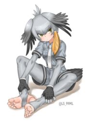  :/ absurdres bad_id bad_pixiv_id belt bird_girl bird_tail bird_wings black_gloves bodystocking breast_pocket closed_mouth collared_shirt commentary expressionless feet female fingerless_gloves full_body gloves grabbing grabbing_own_ankles green_eyes grey_hair grey_shirt grey_shorts hair_between_eyes hands_on_own_legs head_tilt head_wings highres kemono_friends knees_apart_feet_together knees_up layered_sleeves leg_grab long_hair long_sleeves looking_at_viewer multicolored_hair necktie no_shoes orange_hair outstretched_arms pocket shirt shoebill_(kemono_friends) short_over_long_sleeves short_sleeves shorts sidelocks sitting soles solo spread_legs stirrup_legwear tail toeless_legwear toenails toes tsukimaru_(ls_99ml) twitter_username watermark white_necktie wing_collar wings 