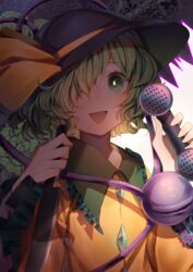  :d abstract_background collared_shirt commentary english_commentary eyeball female frilled_sleeves frills green_eyes green_hair hair_between_eyes hair_over_one_eye hat hat_ribbon heikokuru1224 highres holding holding_knife holding_weapon knife komeiji_koishi looking_at_viewer mary-san open_mouth phone ribbon shadow shirt short_hair smile solo third_eye touhou upper_body urban_legend_in_limbo wavy_hair weapon wide_sleeves yellow_ribbon yellow_shirt 