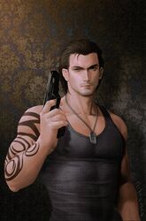  1boy arm_tattoo bara billy_coen brown_hair closed_mouth commentary_request covered_nipples dog_tags facial_hair grey_eyes grey_tank_top gun hair_slicked_back hair_strand handgun highres holding holding_gun holding_weapon male_focus mixed-language_commentary muscular muscular_male pectorals resident_evil resident_evil_0 ribbed_tank_top saolin_(wudangx) short_hair sleeveless solo stubble tank_top tattoo taut_clothes upper_body weapon 