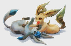  flower glaceon leafeon momomo12 mouth_hold no_humans pokemon pokemon_(creature) red_flower simple_background twitter_username white_background 