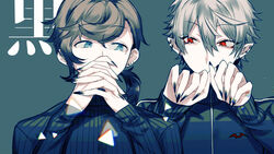  2boys asymmetrical_bangs black_jacket black_nails black_sweater blue_eyes brown_hair chronoir clenched_hand collar collared_jacket commentary_request covered_mouth ear_piercing fingernails grey_background hand_on_own_head jacket kanae_(nijisanji) kotobuki_(medetai) kuzuha_(nijisanji) long_hair long_sleeves looking_at_viewer low_ponytail male_focus mole mole_under_eye multiple_boys nijisanji piercing red_eyes sharp_fingernails simple_background sleeves_past_wrists sweater track_jacket turtleneck turtleneck_sweater upper_body virtual_youtuber 