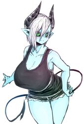  alternate_costume black_horns black_sclera black_tank_top blue_skin blush colored_sclera colored_skin demon_horns denim denim_shorts female green_eyes highres horns leaning_forward looking_at_viewer marker_(medium) musuko_ga_kawaikute_shikatanai_mazoku_no_hahaoya short_hair shorts smile tank_top teresa_(mazohaha) thick_thighs thighs traditional_media white_background white_hair zyugoya 