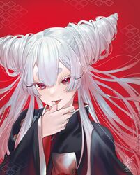  absurdres ayashimon black_kimono blue_eyes drill_hair eyelashes female flame_print floating_hair hair_between_eyes hair_horns highres hikimayu himari_(_h_i8) horns japanese_clothes kimono licking licking_finger long_eyelashes long_hair long_sleeves looking_at_viewer multicolored_eyes parted_bangs red_background red_eyes signature simple_background solo upper_body urara_(ayashimon) white_hair wide_sleeves 