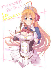  ahoge anniversary ascot blue_eyes blush breasts cleavage closed_mouth copyright_name double_v female frills gloves hair_between_eyes hair_ornament highres large_breasts long_hair looking_at_viewer open_mouth orange_hair pecorine_(princess_connect!) princess_connect! red_ascot shimon_(31426784) simple_background smile solo tiara upper_body v white_background white_gloves 