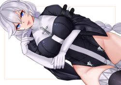  blue_eyes braids cross elbow_gloves gloves gray_hair honkai_impact kallen_kaslana leotard long_hair noise_paper nun thighhighs white 