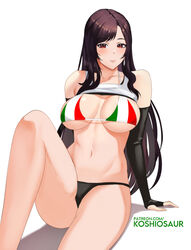  black_hair blush breasts clothes_lift elbow_gloves female final_fantasy final_fantasy_vii gloves italian_flag italian_flag_bikini italian_senate_porn_livestream_(meme) koshio long_hair looking_at_viewer meme navel red_eyes shirt_lift sitting solo tifa_lockhart toned 