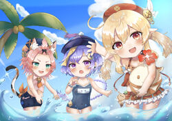  3girls :d absurdres ahoge alternate_costume amulet animal_ear_fluff animal_ears arm_up armpits bad_id bad_pixiv_id bangs_pinned_back bead_bracelet beads bikini black_shorts blue_sky bracelet braid carrying cat_ears cat_girl cat_tail clothing_cutout cloud cloudy_sky clover_print coconut_tree coin_hair_ornament collarbone commentary_request day diona_(genshin_impact) dodoco_(genshin_impact) earrings frilled_bikini frills genshin_impact green_eyes hair_between_eyes hair_ornament hair_ribbon hat hat_feather hat_ornament highres jewelry jiangshi jumpy_dumpty klee_(genshin_impact) long_hair looking_at_viewer low_ponytail low_twintails miuna_(user_dunp3235) multiple_girls name_tag navel navel_cutout ocean ofuda open_mouth outdoors palm_tree pink_hair pointy_ears purple_eyes purple_hair qingdai_guanmao qiqi_(genshin_impact) ribbon school_swimsuit short_hair shorts sidelocks signature single_braid sky smile swimsuit tail translation_request tree twintails v-shaped_eyebrows wading waving 