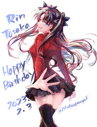  artist_name ass black_bow black_hair black_skirt black_thighhighs blue_eyes bow character_name commentary_request dated fate/stay_night fate_(series) female from_behind hairbow happy_birthday highres long_hair long_sleeves looking_at_viewer looking_back miniskirt mintes open_hand open_mouth pleated_skirt red_shirt shirt simple_background skirt smile solo thighhighs thighs tohsaka_rin two_side_up white_background zettai_ryouiki 