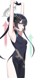  absurdres armpits arms_up arrow_(symbol) bare_arms bare_shoulders black_dress black_gloves black_hair blue_archive breasts butterfly_hair_ornament china_dress chinese_clothes commentary covered_navel cowboy_shot dragon_print dress female gloves grey_eyes hair_bun hair_ornament halo highres hutosutoro interlocked_fingers kisaki_(blue_archive) light_blush long_hair looking_at_viewer open_mouth own_hands_together side_slit sidelocks simple_background sleeveless sleeveless_dress small_breasts solo teeth thighs twintails upper_teeth_only white_background 