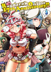  4girls 5boys ahoge alchemist_(ragnarok_online) anniversary armor assassin_(ragnarok_online) bandages belt beret black_gloves black_pants black_shirt blowing_kiss blue_eyes blue_hair blush boobplate book braid breasts brown_belt brown_coat brown_skirt capelet character_request chibi chibi_inset closed_mouth coat commentary_request confetti copyright_name cowboy_shot crop_top crusader_(ragnarok_online) dated gauntlets glasses gloves green_capelet green_hair gunslinger_(ragnarok_online) hair_over_shoulder hat heart highres holding holding_book large_breasts long_hair looking_at_viewer lord_knight_(ragnarok_online) midriff multiple_boys multiple_girls navel one_eye_closed open_book open_mouth paladin_(ragnarok_online) pants pauldrons pink_hair poring purple_eyes purple_shirt ragnarok_online shirt short_hair short_sleeves shoulder_armor side_braids signature skirt sleeveless sleeveless_shirt smile spoken_sweatdrop sweatdrop tabard takaha_momo underboob vendor_from_milk_ranch visor_(armor) white_belt white_headwear 