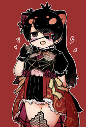  alternate_costume animal_ears arm_behind_back australian_devil_(kemono_friends) bare_arms blush brooch commentary_request dress empty_eyes extra_ears eyepatch female fishnet_gloves fishnet_thighhighs fishnets flower gloves hair_flower hair_ornament hand_up heart highres jewelry kemono_friends kemono_friends_3 long_hair multicolored_hair numazoko_namazu oerba_yun_fang one_eye_covered open_mouth parted_bangs puffy_short_sleeves puffy_sleeves red_background rose short_dress short_sleeves simple_background smile solo tail tasmanian_devil_ears tasmanian_devil_tail thighhighs two-tone_hair 