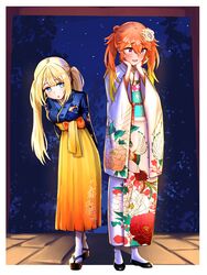  2girls :o absurdres blonde_hair blue_eyes blush border breasts floral_print flower full_body hair_between_eyes hair_flower hair_ornament hands_on_own_cheeks hands_on_own_face highres hololive hololive_english japanese_clothes kimono large_breasts leaning_forward long_hair multicolored_hair multiple_girls night obi official_alternate_costume orange_hair outside_border purple_eyes raised_eyebrows sash socks standycore star_(sky) stone_walkway tabi takanashi_kiara takanashi_kiara_(new_year) tree twintails virtual_youtuber watson_amelia watson_amelia_(new_year) white_border white_socks wide_sleeves 