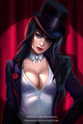  black_hair blue_eyes breasts cleavage dc_comics female flower hat jacket looking_at_viewer prywinko red_background red_lips rose spotlight top_hat wizard zatanna_zatara 