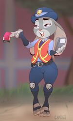  2019 anthro blurred_background buckteeth clothed clothing dipstick_ears disney ear_markings female fully_clothed fur grey_body grey_fur gunmouth half-closed_eyes hat headgear headwear holding_object judy_hopps lagomorph leporid mammal multicolored_ears narrowed_eyes open_mouth open_smile pink_nose purple_eyes rabbit safety_vest scut_tail short_tail smile solo standing tail teeth topwear vest zootopia 