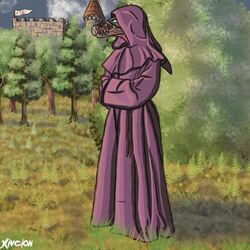  028-mendicantspire 1:1 alien anthro avian avian_caruncle beak blue_eyes castle clothing covenant drawstring fangs flag grass halo_(series) hands_in_sleeves hands_together hi_res hood kig-yar looking_away medieval microsoft outside plant purple_clothing purple_robe red_neck robe scalie standing t&#039;vaoan teeth tree xbox_game_studios yon_thoz_(028-mendicantspire) 