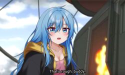  absurdres avatar:_the_last_airbender avatar_legends blue_eyes blue_hair breasts cleavage collarbone elie_wayne english_text female highres jan_azure large_breasts long_hair looking_at_viewer original outdoors parody solo subtitled 