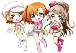  3girls :d arm_up bare_arms bare_shoulders belt belt_buckle blue_eyes blush boots bow breasts brown_belt brown_eyes brown_hair buckle cabbie_hat chibi cleavage collarbone commentary crop_top frills fringe_trim hair_between_eyes hairbow hat heart highres jacket knee_boots koizumi_hanayo kosaka_honoka kuena long_hair long_sleeves looking_at_viewer love_live! love_live!_school_idol_project love_marginal medium_breasts midriff minami_kotori multiple_girls navel one_side_up open_clothes open_jacket open_mouth orange_hair outstretched_arm pink_bow pink_footwear pink_shorts printemps_(love_live!) purple_eyes short_shorts shorts simple_background skirt sleeveless sleeveless_jacket sleeves_past_wrists small_breasts smile standing standing_on_one_leg teeth upper_teeth_only very_long_hair white_background white_footwear white_headwear white_jacket white_shorts white_skirt 