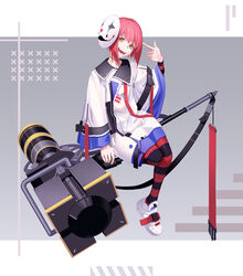  1boy :d bad_id bad_pixiv_id earrings finger_gun finger_gun_to_head full-body_tattoo full_body hammer highres huge_weapon jacket jewelry looking_at_viewer male_focus mask mask_on_head open_mouth original pantyhose pink_hair shoes smile sneakers solo striped_clothes striped_pantyhose tattoo teeth tsuki-shigure weapon yellow_eyes 