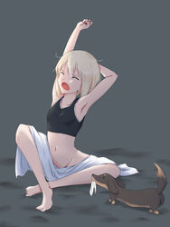  animal arm_behind_head arm_up armpits bare_shoulders blonde_hair blush bottomless breasts canine closed_eyes collarbone commentary_request dachshund erica_hartmann female grey_background groin highres isosceles_triangle_(xyzxyzxyz) navel no_panties open_mouth panties shiny_skin short_hair simple_background small_breasts stretching strike_witches tears underwear unworn_panties white_panties world_witches_series yawning 