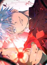  1boy absurdres black_jacket blue_eyes gojou_satoru grin hair_between_eyes highres jacket jujutsu_kaisen looking_at_viewer male_focus pointing power_lines shadow short_hair simple_background smile solo upper_body white_background white_hair yoon_(dmsco1803) 