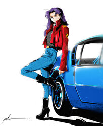  1990s_(style) alpine_(carmaker) alpine_a310 boots car commentary_request denim female high_heel_boots high_heels highres jacket jeans katsuragi_misato motor_vehicle neon_genesis_evangelion pants renault retro_artstyle sergey_orlov solo 