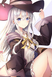  black_coat broom coat commentary elaina_(majo_no_tabitabi) female grey_hair hat highres holding holding_broom majo_no_tabitabi solo tsukasa_tsubasa witch witch_hat 