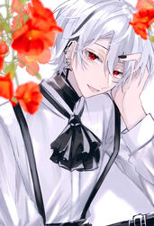  1boy 90_cis adobe_illustrator_(medium) albino bad_id bad_pixiv_id cross ear_piercing earrings flower grey_hair head_rest highres jewelry long_sleeves looking_at_viewer male_focus mole mole_under_eye nail_polish original pale_skin piercing red_eyes solo white_hair 