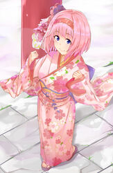  blue_eyes blush closed_mouth female floral_print from_above full_body grass hair_between_eyes hair_ornament hands_up japanese_clothes kimono long_sleeves looking_at_viewer looking_up new_year pink_hair pink_kimono princess_connect! print_kimono sandals shimon_(31426784) short_hair simple_background sleeves_past_wrists smile solo tile_floor tiles toes torii wide_sleeves yui_(new_year)_(princess_connect!) yui_(princess_connect!) 