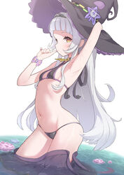  absurdres arm_up armpits bikini black_bikini black_hat black_skirt blunt_bangs blush breasts brown_eyes closed_mouth clothes_pull cowboy_shot female flower flower_bracelet grey_hair hat highres hololive long_hair looking_at_viewer murasaki_shion murasaki_shion_(1st_costume) navel pink_flower skirt skirt_pull small_breasts solo stomach swimsuit taraneko_miso very_long_hair virtual_youtuber wading water wet witch_hat 