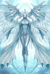  arms_at_sides artist_name breasts crystal female final_fantasy final_fantasy_xiv floating full_body grey_eyes head_wings highres hydaelyn looking_at_viewer nipuni pale_skin solo spoilers thigh_gap white_hair wings 