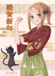  2021 :q abigail_williams_(fate) absurdres alternate_costume alternate_hairstyle animal aqua_eyes black_bow black_cat blush bow bras_d&#039;honneur brown_bow brown_hair brown_kimono clenched_hand closed_mouth crossed_bandaids egasumi fate/grand_order fate_(series) feline female forehead green_hakama hairbow hakama hakama_skirt hand_up highres japanese_clothes kimono kopaka_(karda_nui) long_sleeves looking_at_viewer parted_bangs polka_dot polka_dot_bow ponytail seigaiha sidelocks skirt smile solo tongue tongue_out translated wide_sleeves 