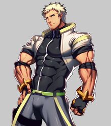  1boy bara black_gloves blonde_hair bulge covered_abs covered_navel facial_hair fingerless_gloves gloves hand_on_own_hip looking_to_the_side lvlv male_focus mature_male muscular muscular_male pants paradiso_guardian pectorals radian_(paradiso_guardian) shirt short_hair shrug_(clothing) sideburns solo stubble taut_clothes taut_shirt thick_thighs thighs tight_clothes tight_pants tight_shirt 