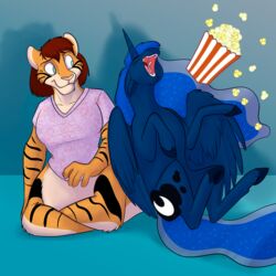  1:1 alicorn blue_body blue_fur blue_hair bottomless breasts brown_hair chakat chakona_space closed_eyes clothed clothing duo equid equine ethereal_hair ethereal_mane ethereal_tail felid felid_taur female feral fetlocks food foxenawolf friendship_is_magic fur goldfur&#039;s_cogsverse hair hasbro herm_(lore) hooves horn laugh mammal mammal_taur my_little_pony mythological_creature mythological_equine mythology nebula_hair open_mouth orange_body orange_fur popcorn princess_luna_(mlp) pseudo_hair pseudo_mane striped_body striped_fur stripes taur tigerbright unicorn_horn wings 