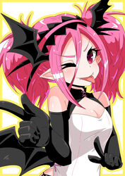  bat_wings black_gloves black_headband black_wings breasts cleavage double_bun dress elbow_gloves eyebrows fangs female gloves hair_bun head_wings headband heal_&amp;_squeeze houshi index_finger_raised mimosa_(heal_&amp;_squeeze) one_eye_closed pointing pointy_ears small_breasts tongue vampire white_dress wings yellow_background 