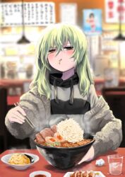  +_- :t absurdres blurry blurry_background blush bowl brown_eyes chopsticks closed_mouth commentary_request cup depth_of_field drinking_glass dumpling eating female food food_in_mouth fried_rice green_eyes green_hair hair_between_eyes half-closed_eyes heterochromia highres jiaozi kamatama long_hair looking_at_viewer noodles original ramen solo sweatdrop water 