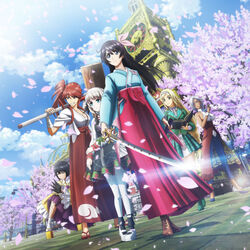  6+girls amamiya_sakura anastasia_palma black_hair blonde_hair blue_eyes book boots braid breasts brown_hair cherry_blossoms clarissa_snowflake cleavage dark-skinned_female dark_skin dress green_eyes grey_hair gun hair_between_eyes hair_ornament hairband handgun highres holding japanese_clothes katana key_visual kimono klara_m_ruzhkova kubo_tite kunai large_breasts long_hair long_sleeves medium_breasts medium_hair mochizuki_azami multiple_girls official_art open_mouth pantyhose petals ponytail promotional_art red_hair sakura_taisen sarashi shin_sakura_taisen shinonome_hatsuho short_hair skirt smile sword teeth thigh_boots thighhighs very_long_hair war_hammer weapon white_hair white_legwear 