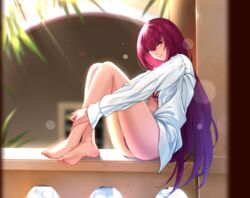  barefoot bikini cropped fate/grand_order fate_(series) long_hair open_shirt scathach_(fate/grand_order) shijie_jianfa swimsuit 