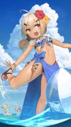  3girls ahoge alternate_costume argyle_bikini argyle_clothes armpits arms_up ass_visible_through_thighs azur_lane ball beachball bikini blonde_hair blue_sky blurry blurry_background bracelet breasts brown_footwear check_commentary cloud commentary commentary_request day eagle_union_(emblem) floral_print flower gridley_(azur_lane) hair_flower hair_ornament hairclip highleg highleg_bikini highres horizon innertube jewelry linea_alba maury_(azur_lane) mccall_(azur_lane) medium_hair multiple_girls navel ocean open_mouth orchid outdoors partially_submerged pink_hair print_sarong sandals sarong shadow side_ponytail skindentation sky small_breasts smile solo_focus splashing standing standing_on_one_leg stomach summer sunlight swim_ring swimsuit tan wading water yellow_eyes yohia 