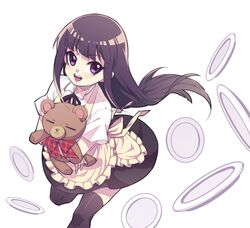  apron black_hair black_thighhighs blunt_bangs blush commentary_request daisy_(working!!) female from_above from_side highres hugging_doll hugging_object long_hair open_mouth purple_eyes simple_background smile solo stuffed_animal stuffed_toy teddy_bear thighhighs tsurime wagnaria_uniform waitress wan_nian_da_zha_de_r white_background working!! yamada_aoi zettai_ryouiki 