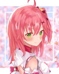  absurdres ahoge blush cherry_blossoms closed_mouth female green_eyes hair_between_eyes hair_ornament hairclip highres hololive nono_i831 parted_lips pink_hair sakura_miko sakura_miko_(1st_costume) solo virtual_youtuber x_hair_ornament 