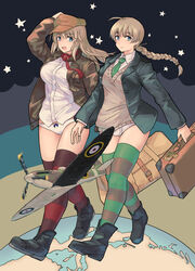  2girls ahoge black_footwear black_jacket blue_eyes bow bow_panties breasts brown_hair brown_jacket collared_shirt full_body globe green_necktie grey_sweater hand_on_headwear highres jacket large_breasts long_hair looking_at_viewer lynette_bishop multiple_girls necktie panties pondo_(peng-model) red_necktie red_scarf roundel scarf shirt siblings sisters skindentation smile strike_witches strike_witches:_katayoku_no_majo-tachi striped_clothes striped_thighhighs suitcase supermarine_spitfire sweater thighhighs thighs underwear walking white_shirt wilma_bishop world_witches_series 