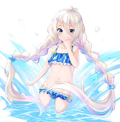  antenna_hair bare_arms bikini blue_bikini blue_eyes blush bow braid clenched_hands collarbone female frilled_bikini frills groin hair_between_eyes hair_bobbles hair_ornament hand_to_own_mouth highres kokkoro_(princess_connect!) kokkoro_(real)_(princess_connect!) long_hair looking_at_viewer navel parted_lips princess_connect! running shimon_(31426784) solo swimsuit twin_braids very_long_hair wading water water_drop white_hair yellow_bow 